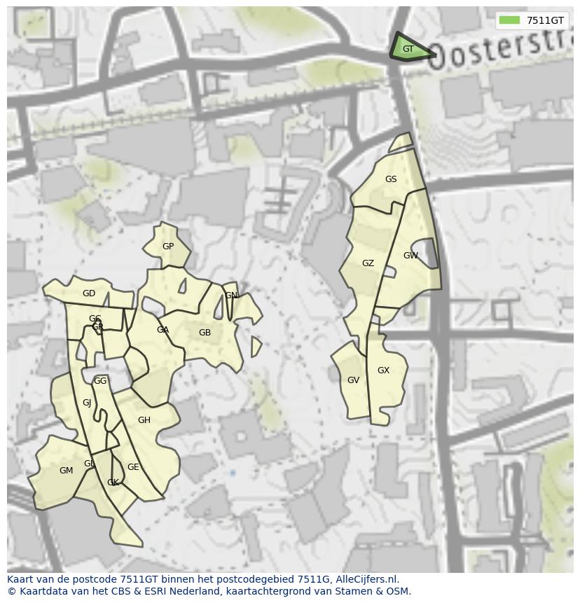 Afbeelding van het postcodegebied 7511 GT op de kaart.
