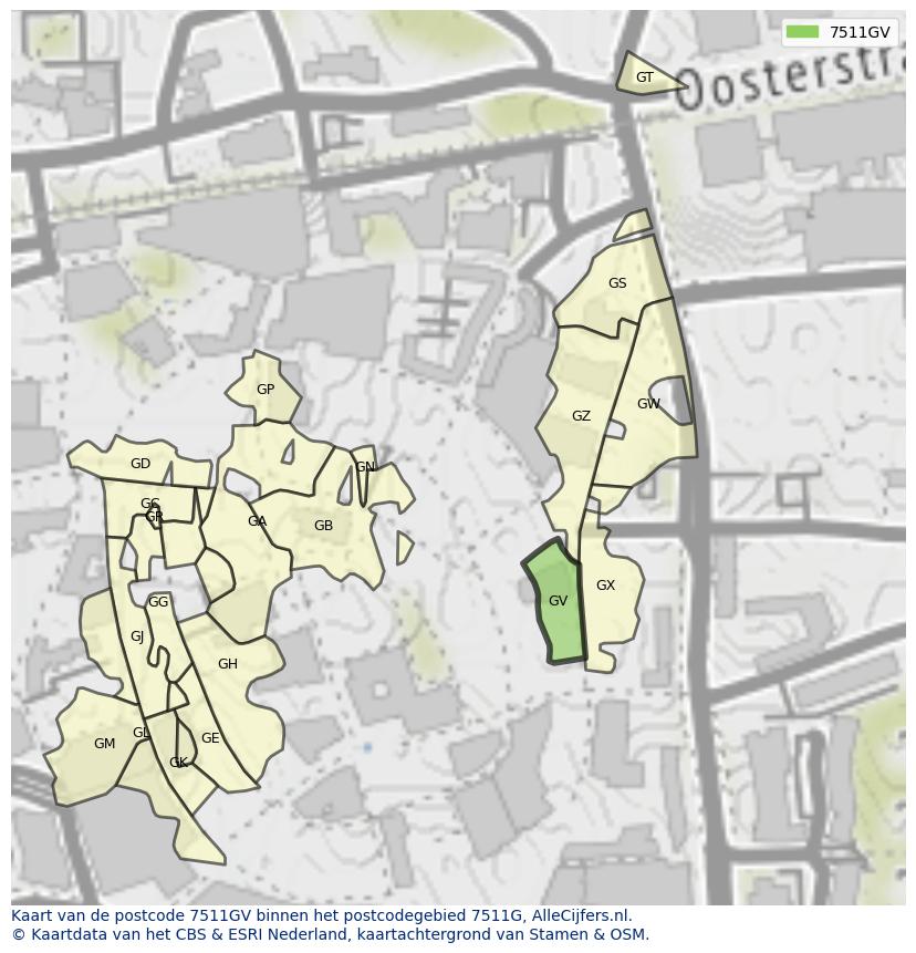 Afbeelding van het postcodegebied 7511 GV op de kaart.