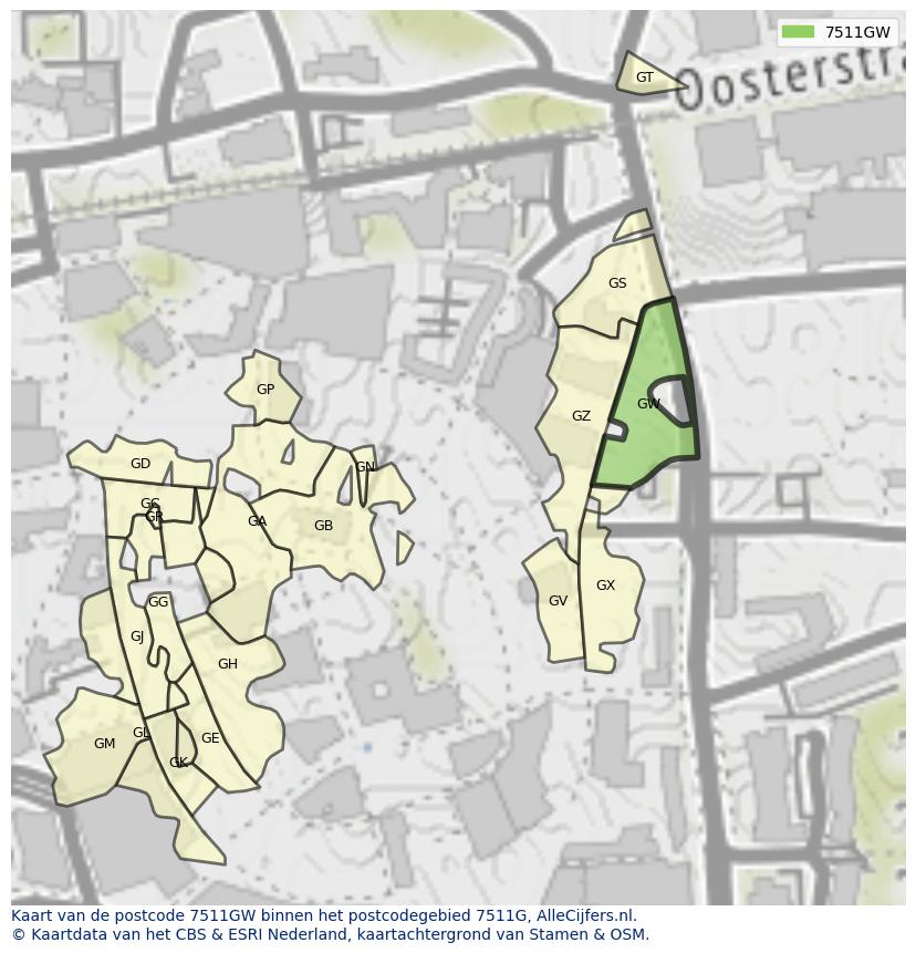 Afbeelding van het postcodegebied 7511 GW op de kaart.