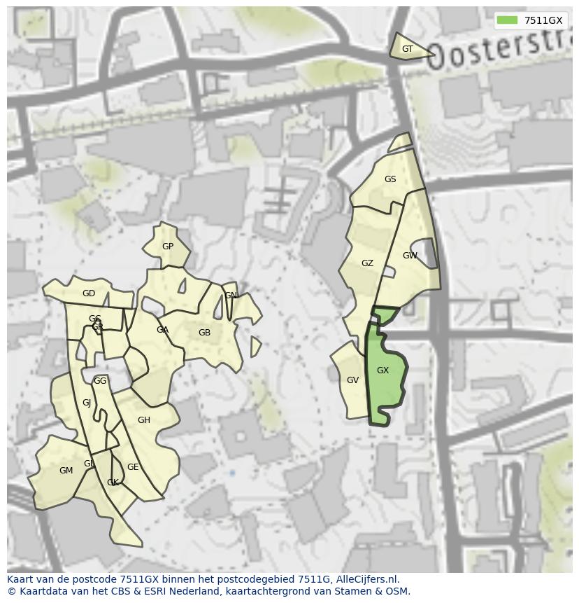 Afbeelding van het postcodegebied 7511 GX op de kaart.