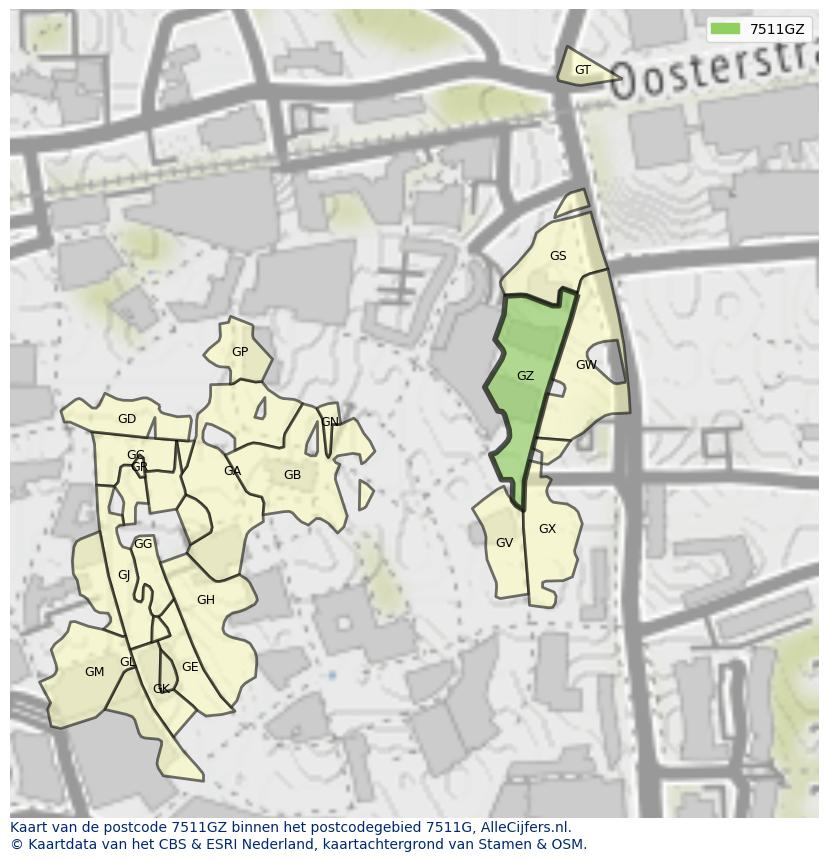 Afbeelding van het postcodegebied 7511 GZ op de kaart.