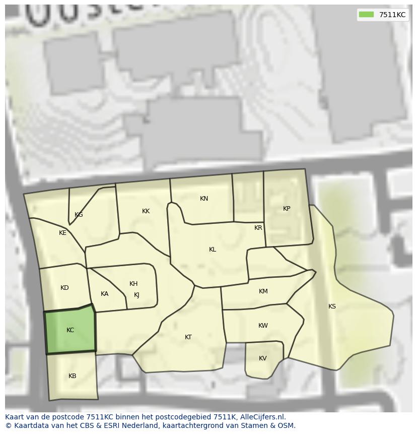 Afbeelding van het postcodegebied 7511 KC op de kaart.