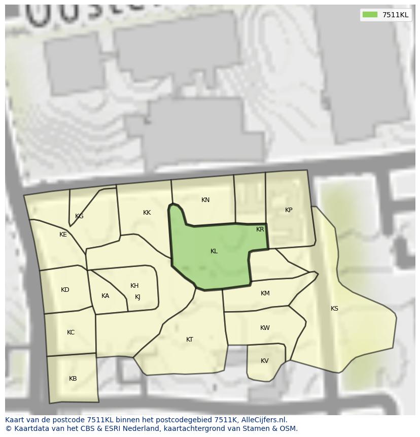 Afbeelding van het postcodegebied 7511 KL op de kaart.