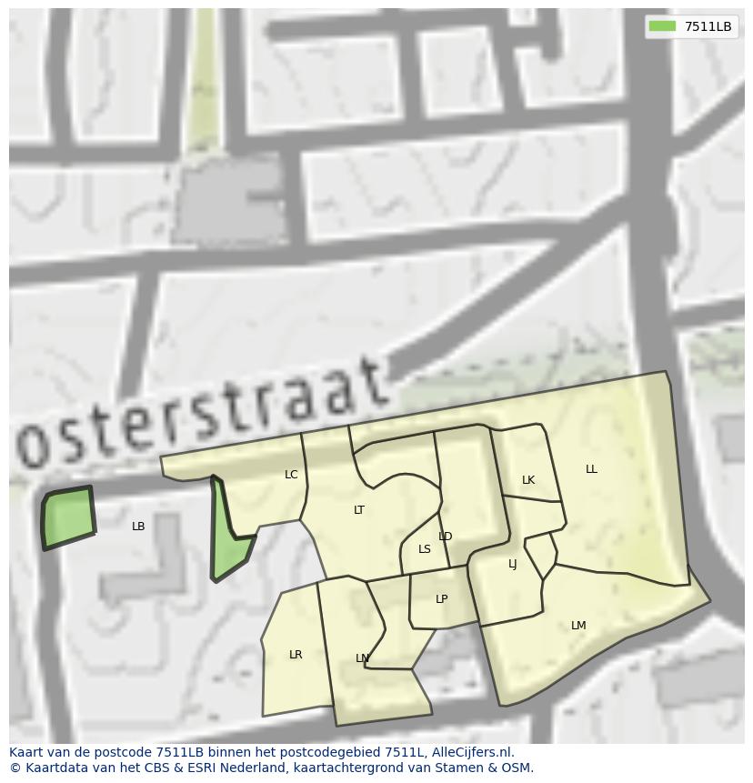 Afbeelding van het postcodegebied 7511 LB op de kaart.