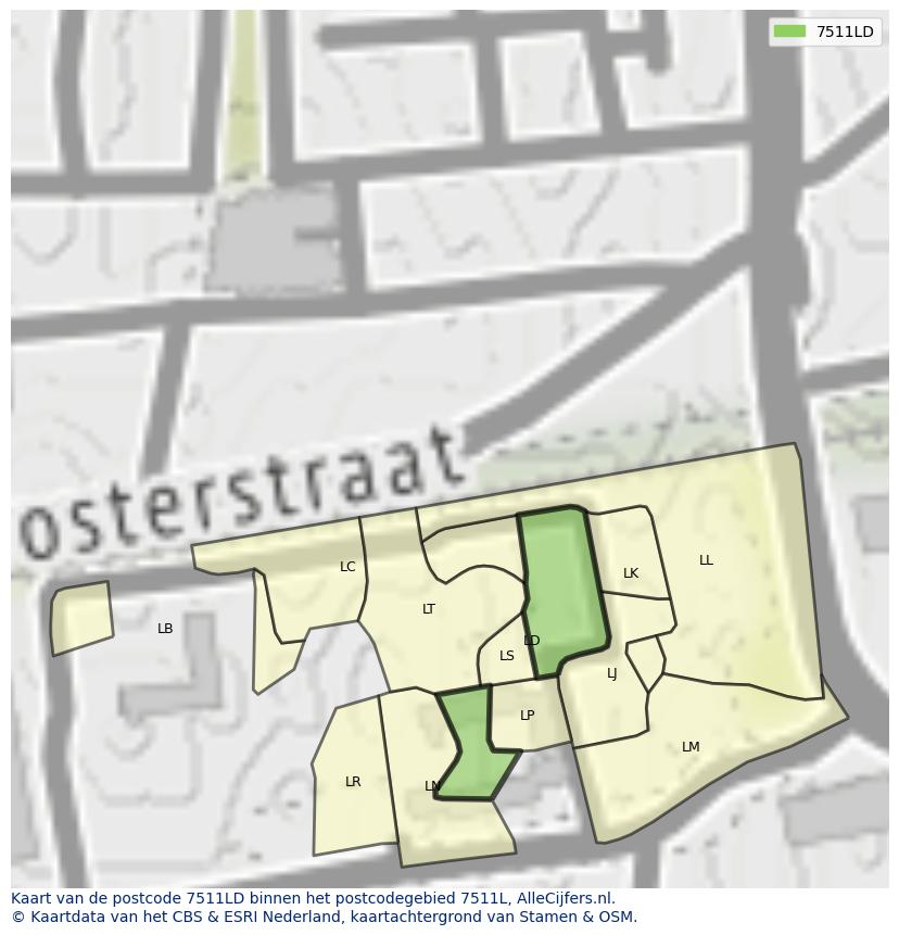 Afbeelding van het postcodegebied 7511 LD op de kaart.