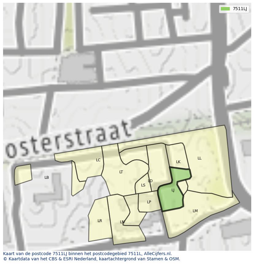 Afbeelding van het postcodegebied 7511 LJ op de kaart.