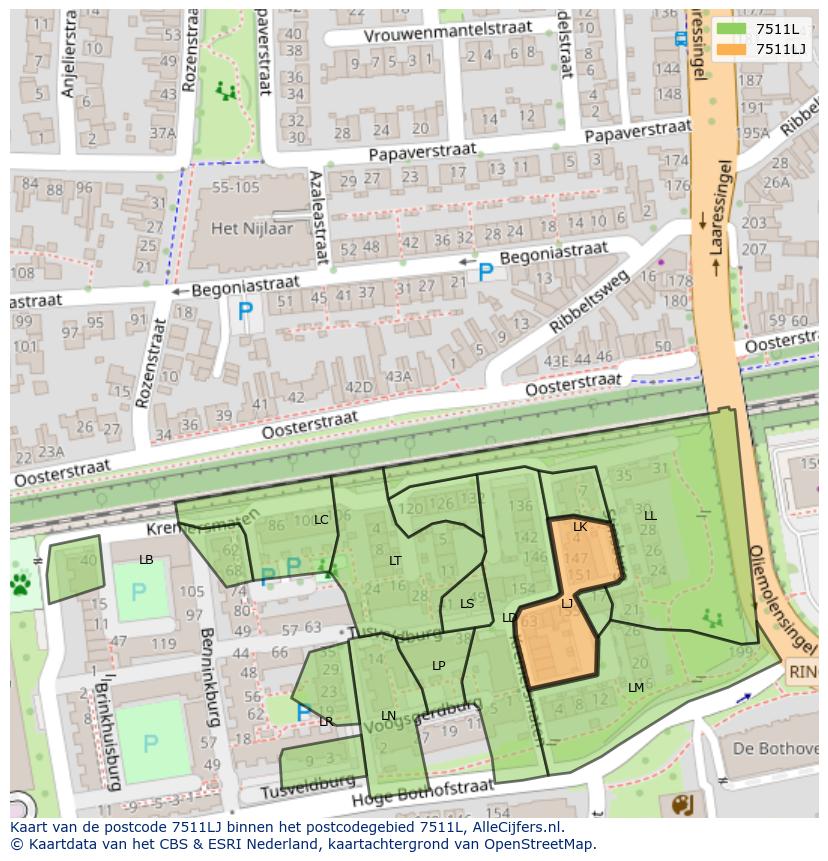Afbeelding van het postcodegebied 7511 LJ op de kaart.
