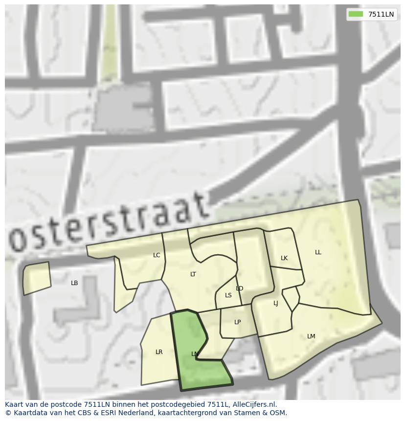 Afbeelding van het postcodegebied 7511 LN op de kaart.