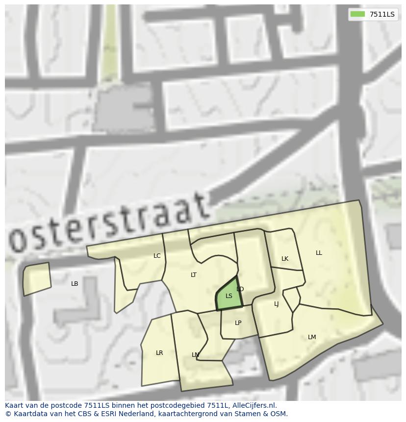 Afbeelding van het postcodegebied 7511 LS op de kaart.