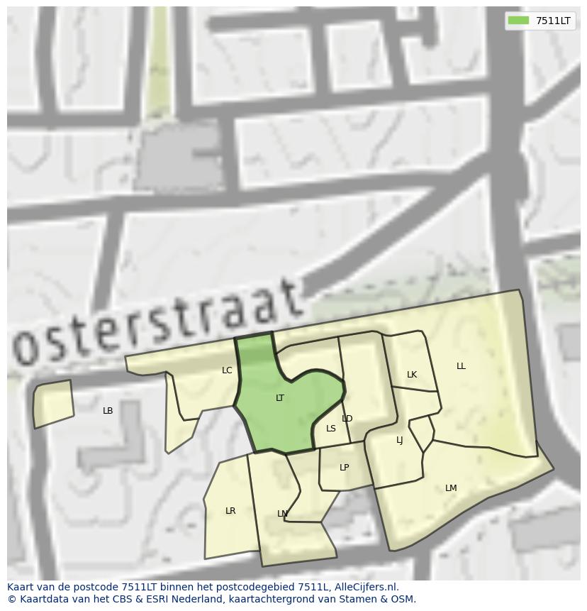 Afbeelding van het postcodegebied 7511 LT op de kaart.