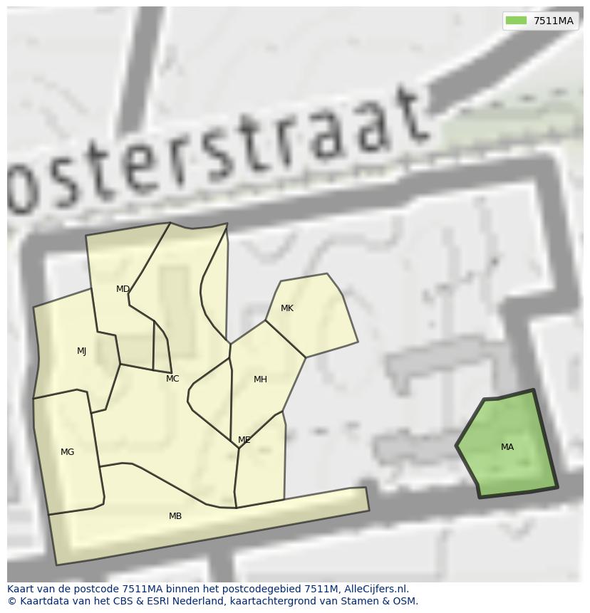 Afbeelding van het postcodegebied 7511 MA op de kaart.