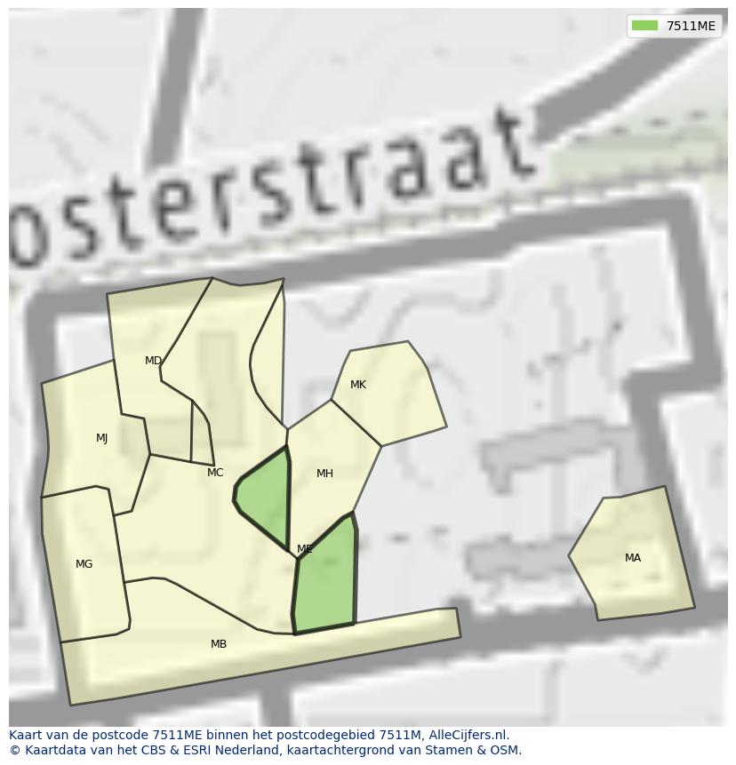 Afbeelding van het postcodegebied 7511 ME op de kaart.