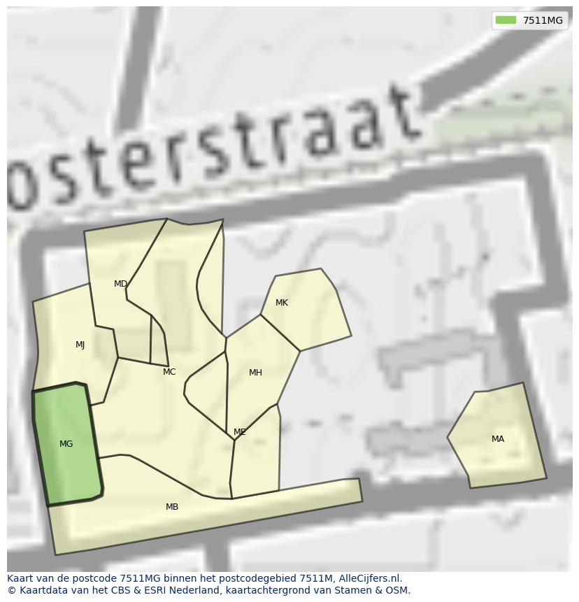 Afbeelding van het postcodegebied 7511 MG op de kaart.