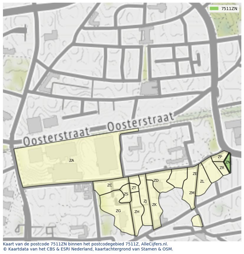 Afbeelding van het postcodegebied 7511 ZN op de kaart.