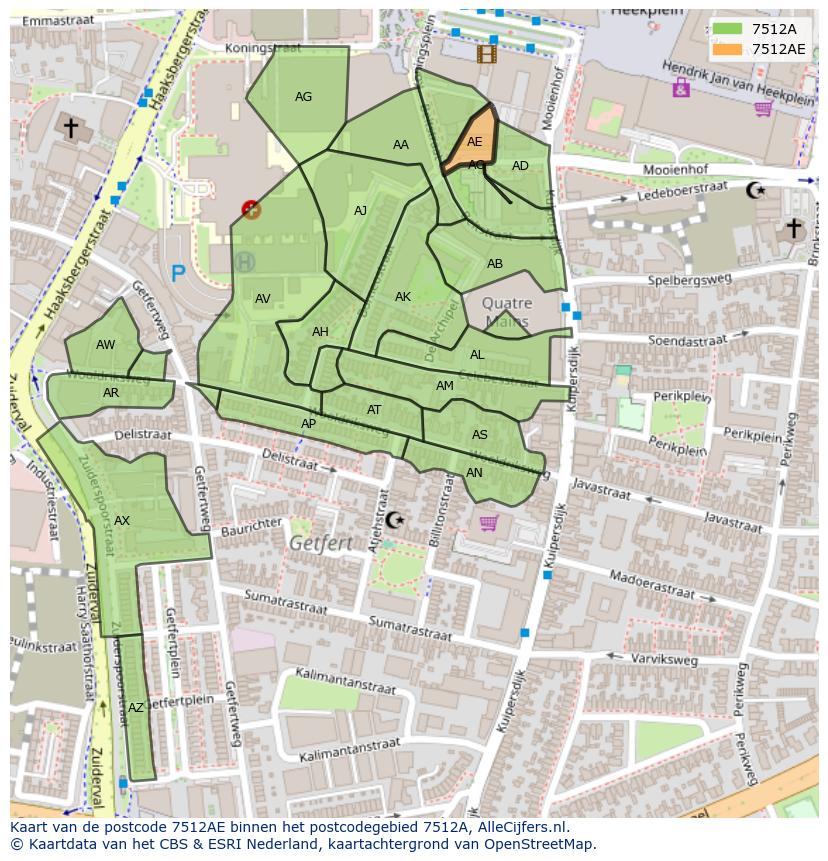 Afbeelding van het postcodegebied 7512 AE op de kaart.