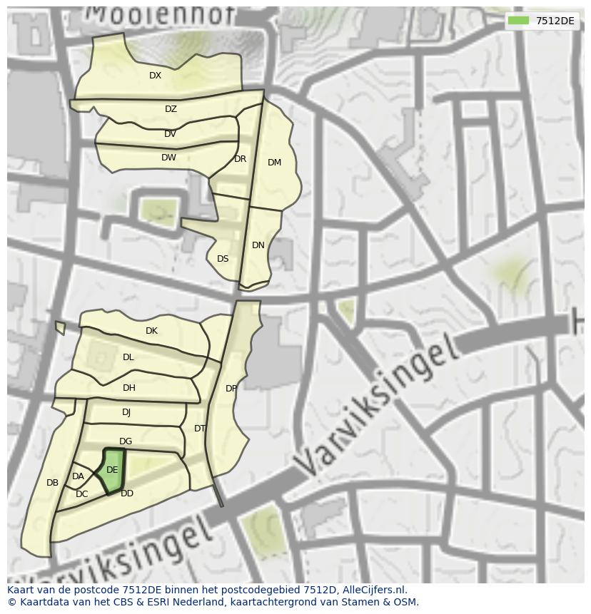 Afbeelding van het postcodegebied 7512 DE op de kaart.