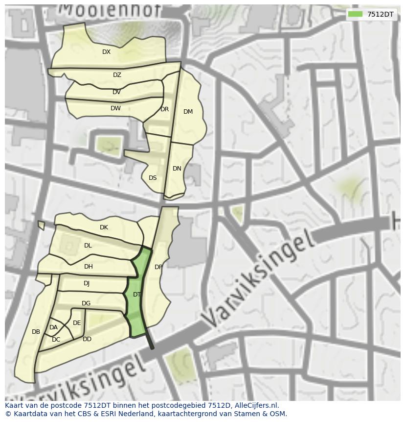 Afbeelding van het postcodegebied 7512 DT op de kaart.