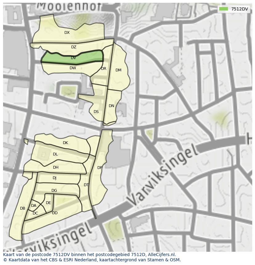 Afbeelding van het postcodegebied 7512 DV op de kaart.
