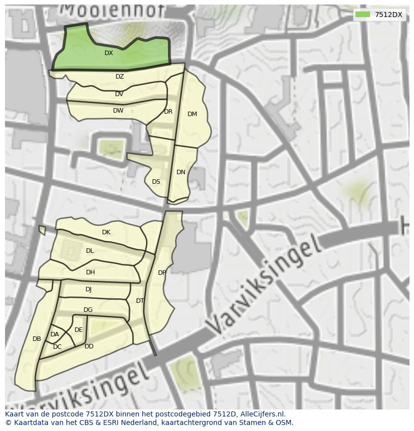 Afbeelding van het postcodegebied 7512 DX op de kaart.