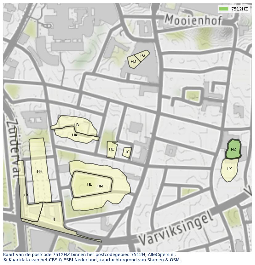 Afbeelding van het postcodegebied 7512 HZ op de kaart.