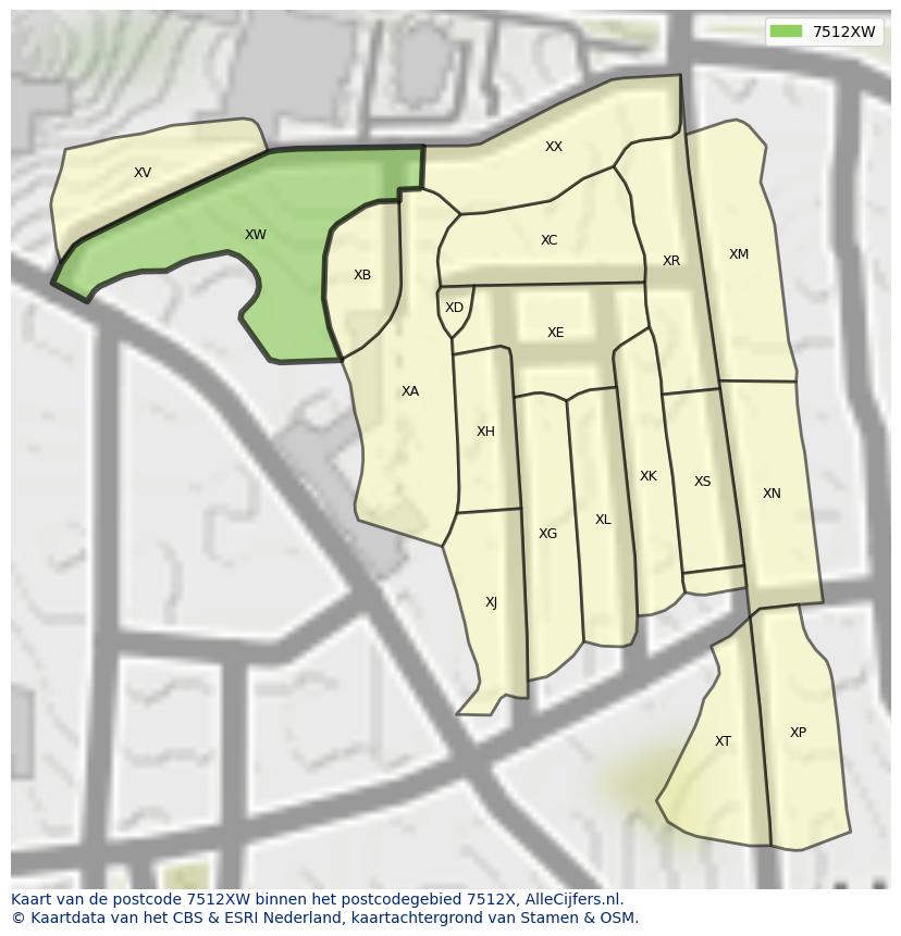 Afbeelding van het postcodegebied 7512 XW op de kaart.