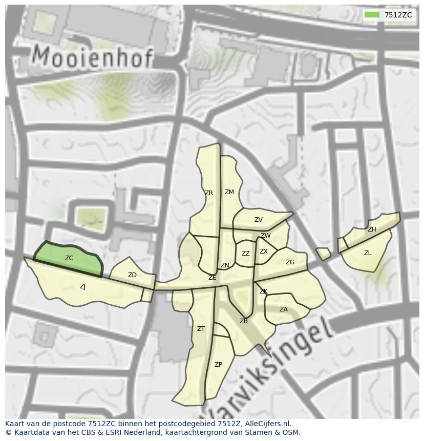 Afbeelding van het postcodegebied 7512 ZC op de kaart.