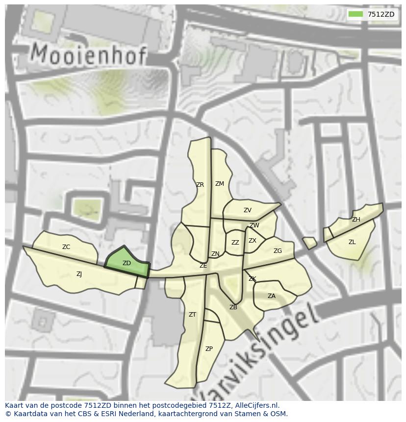 Afbeelding van het postcodegebied 7512 ZD op de kaart.