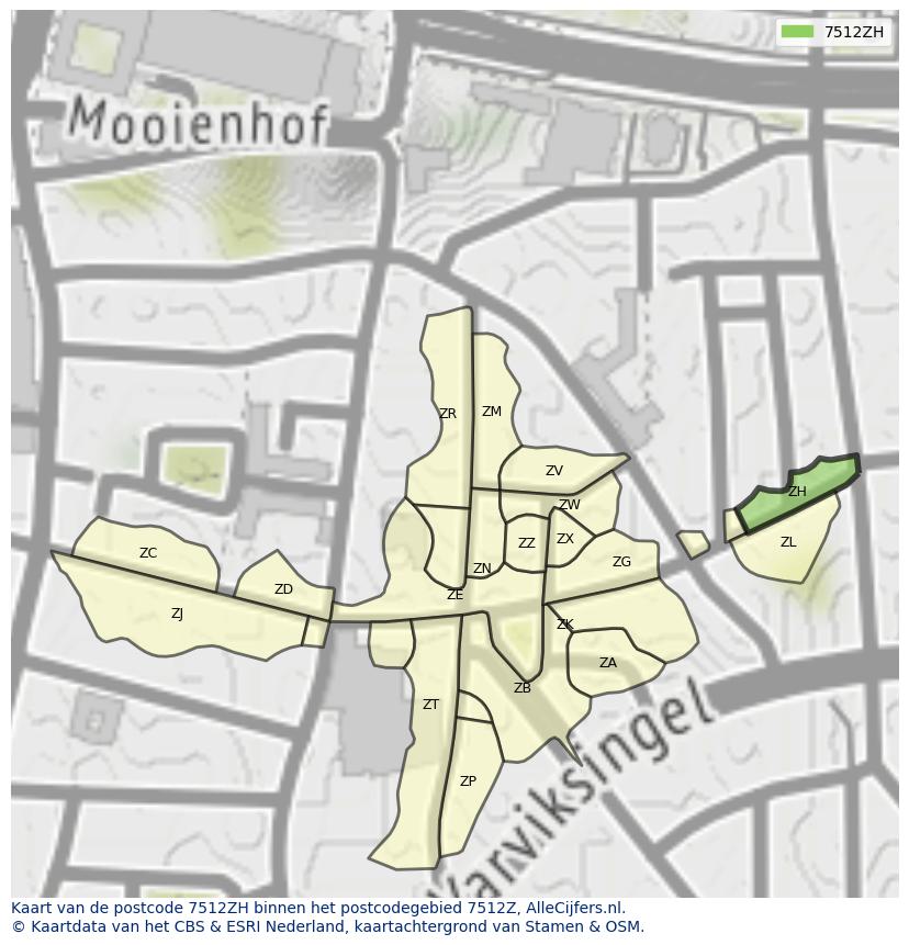 Afbeelding van het postcodegebied 7512 ZH op de kaart.