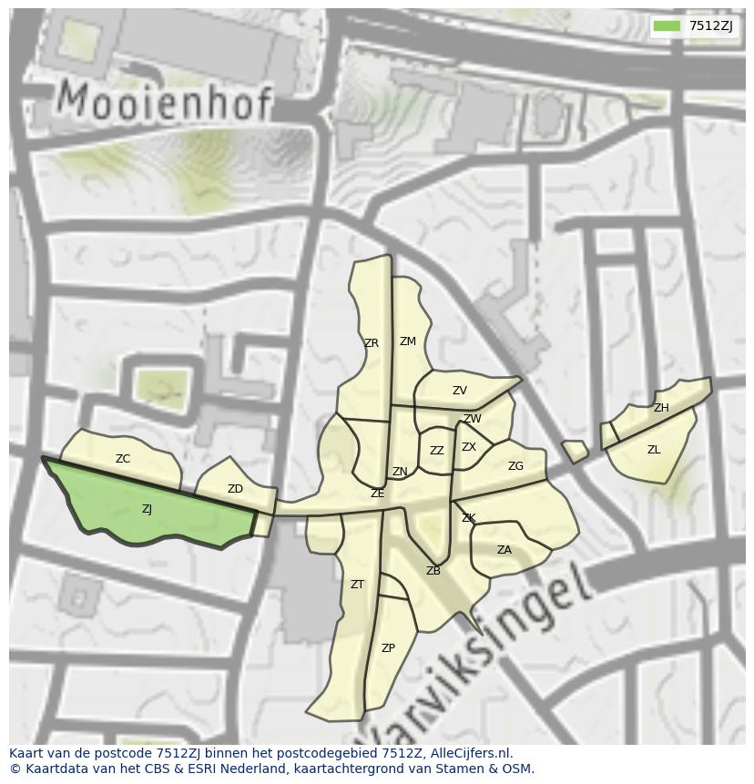 Afbeelding van het postcodegebied 7512 ZJ op de kaart.