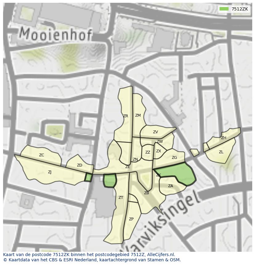 Afbeelding van het postcodegebied 7512 ZK op de kaart.