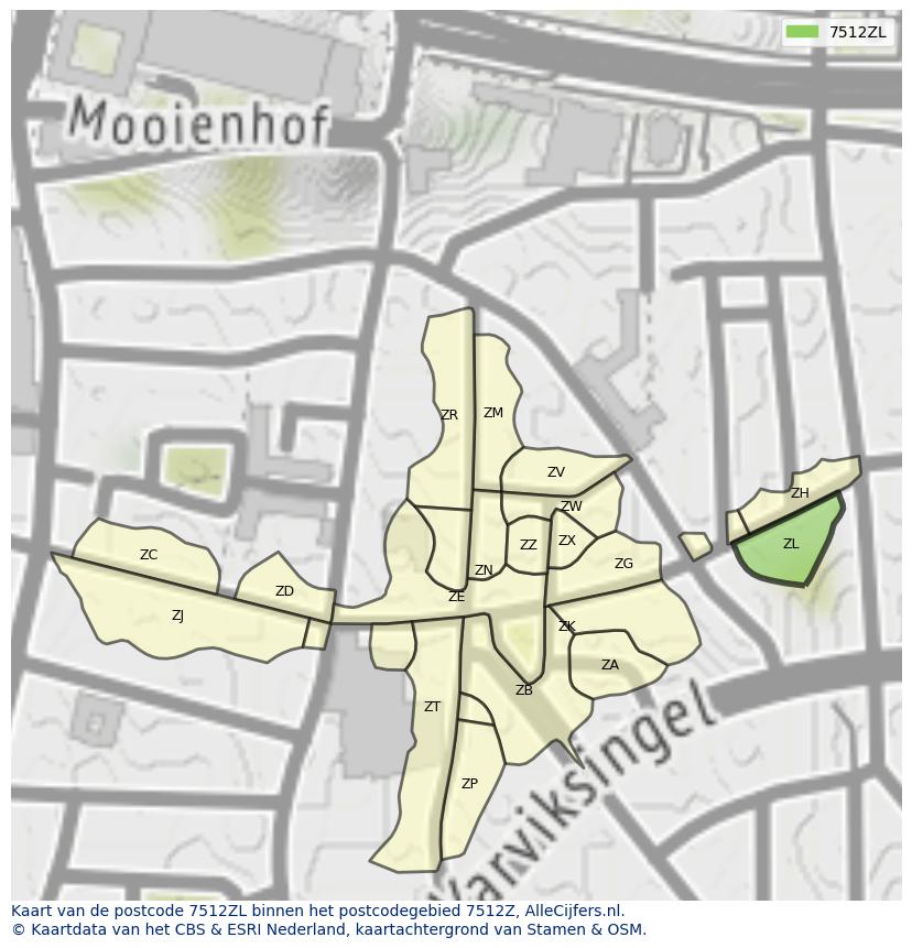 Afbeelding van het postcodegebied 7512 ZL op de kaart.