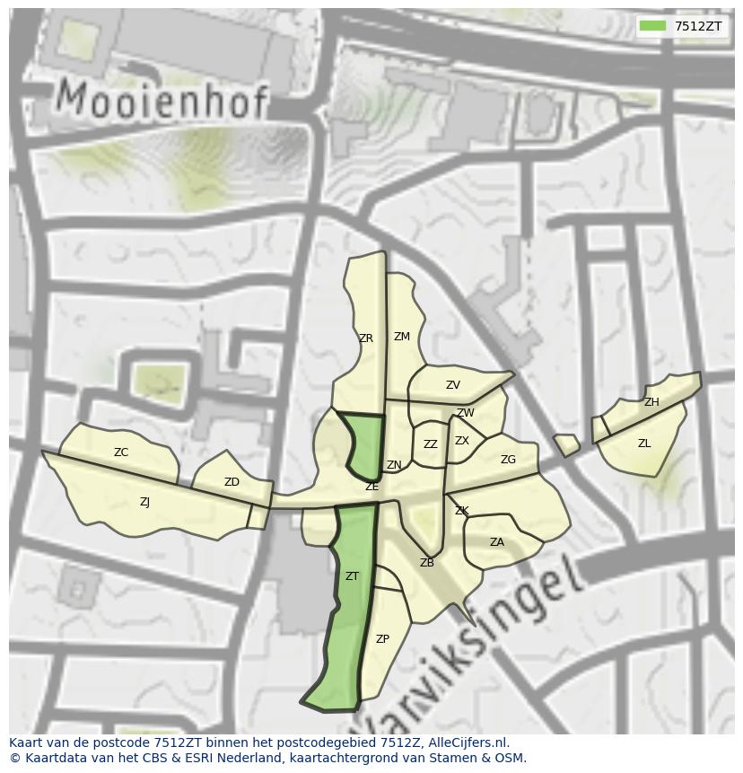 Afbeelding van het postcodegebied 7512 ZT op de kaart.