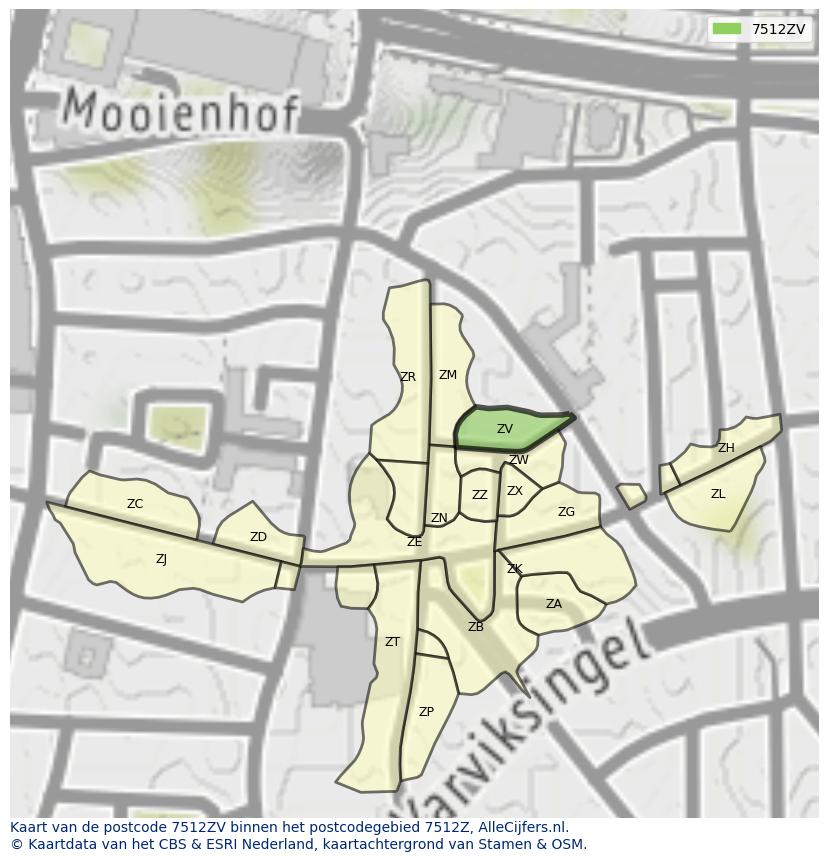 Afbeelding van het postcodegebied 7512 ZV op de kaart.