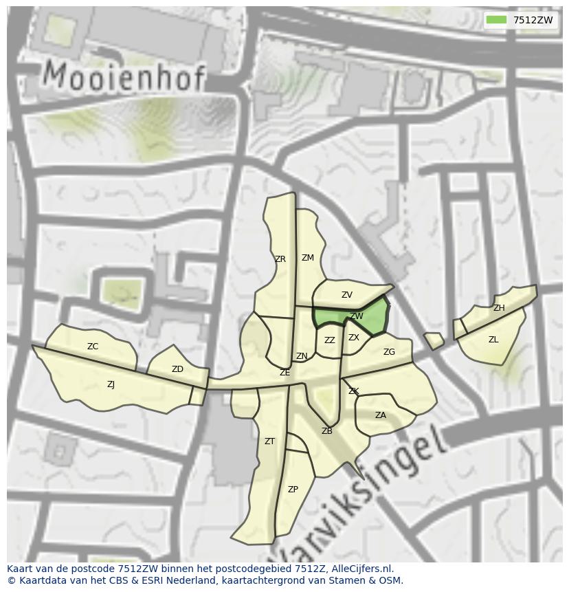 Afbeelding van het postcodegebied 7512 ZW op de kaart.