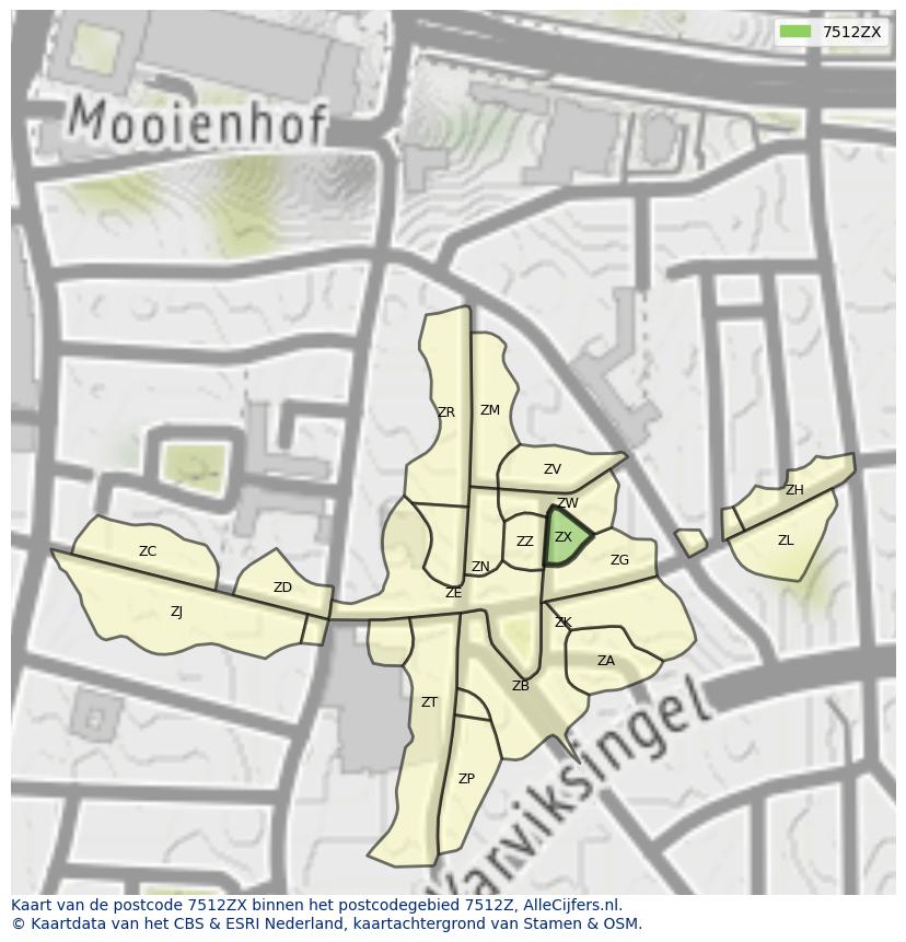 Afbeelding van het postcodegebied 7512 ZX op de kaart.