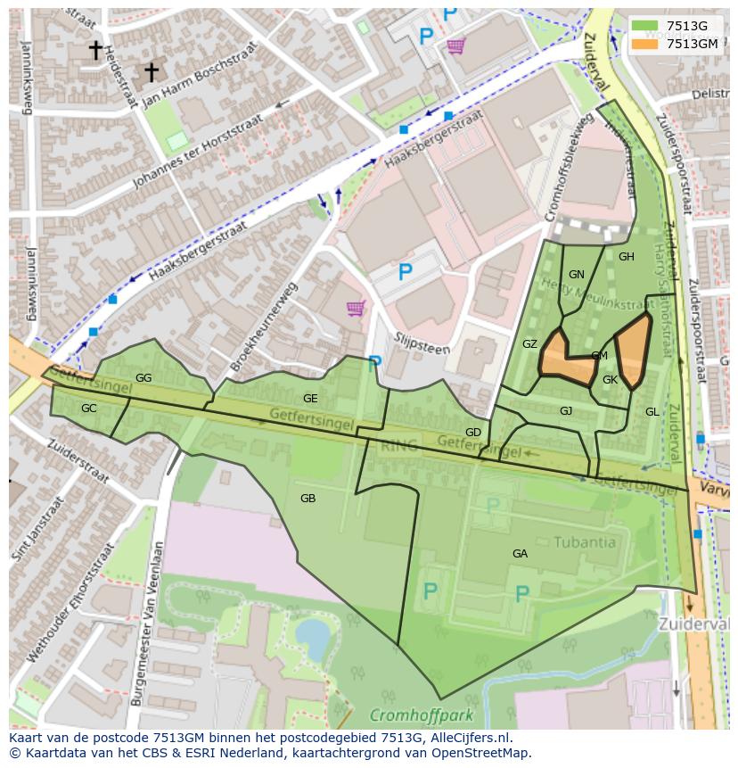 Afbeelding van het postcodegebied 7513 GM op de kaart.