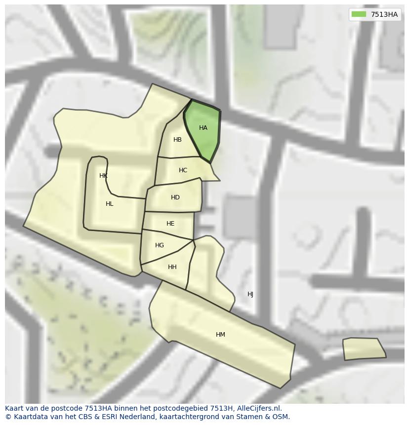 Afbeelding van het postcodegebied 7513 HA op de kaart.