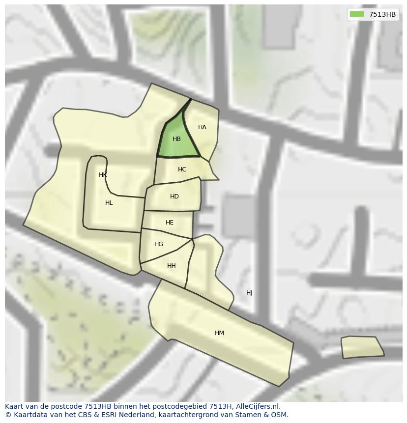 Afbeelding van het postcodegebied 7513 HB op de kaart.