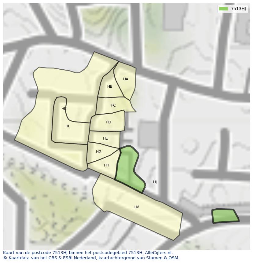 Afbeelding van het postcodegebied 7513 HJ op de kaart.