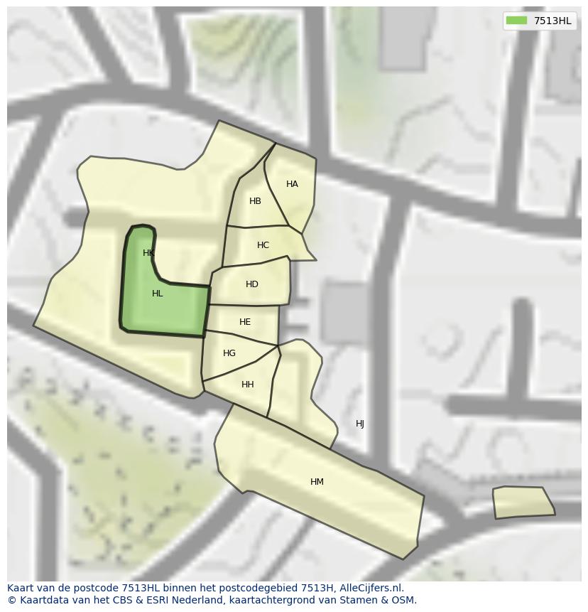 Afbeelding van het postcodegebied 7513 HL op de kaart.