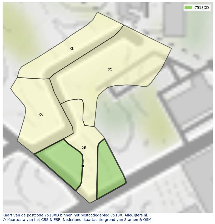 Afbeelding van het postcodegebied 7513 XD op de kaart.