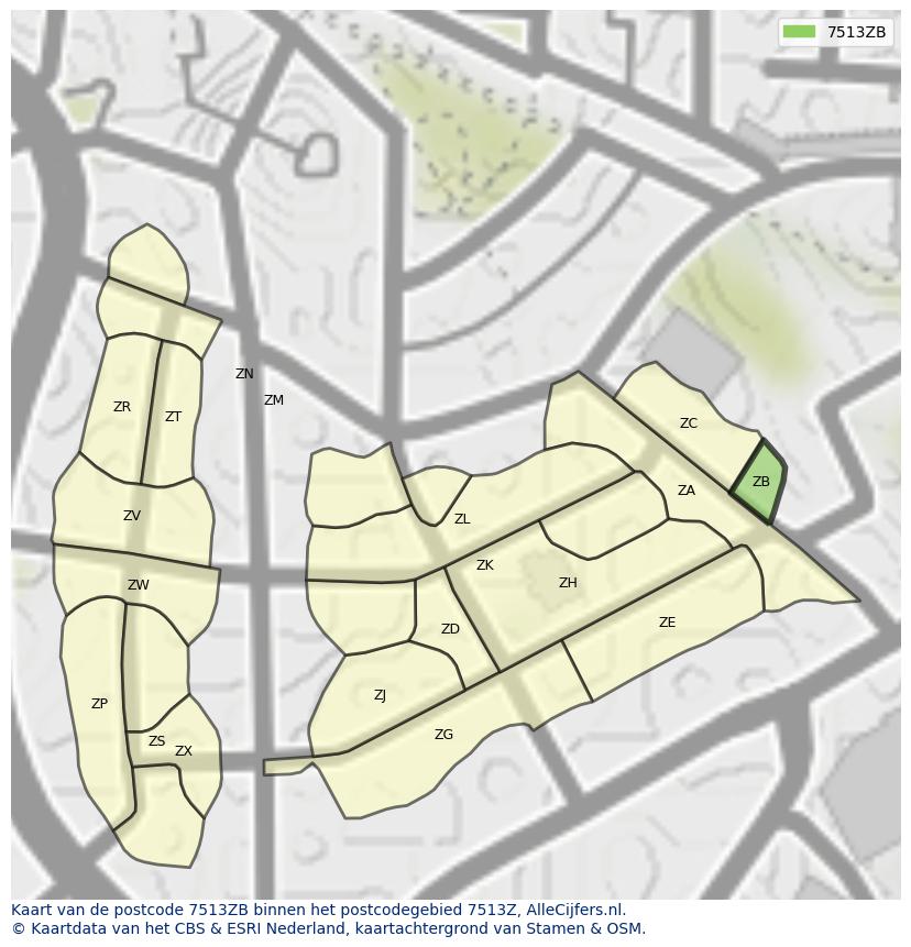 Afbeelding van het postcodegebied 7513 ZB op de kaart.