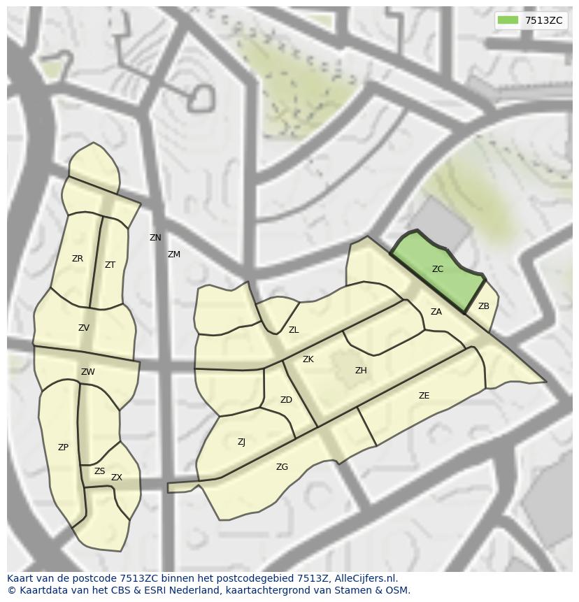 Afbeelding van het postcodegebied 7513 ZC op de kaart.