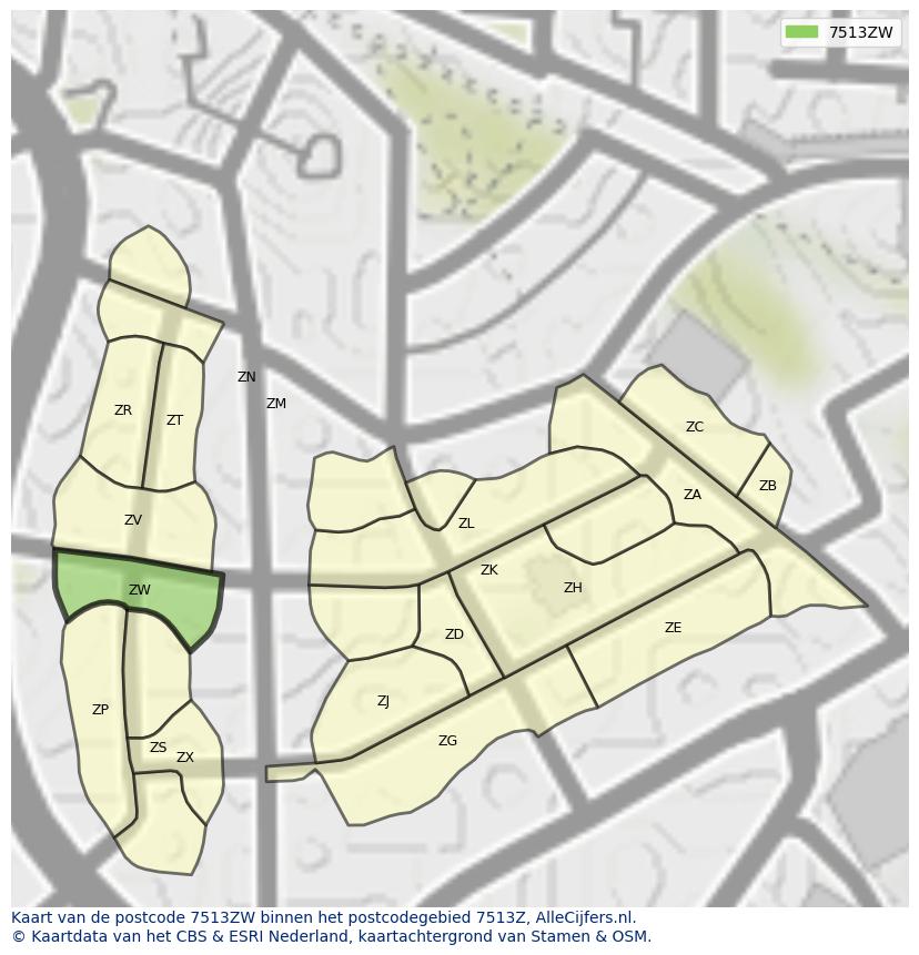 Afbeelding van het postcodegebied 7513 ZW op de kaart.