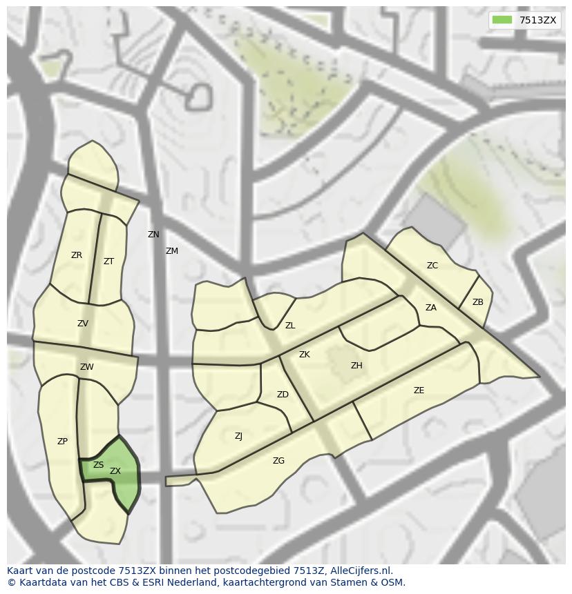 Afbeelding van het postcodegebied 7513 ZX op de kaart.
