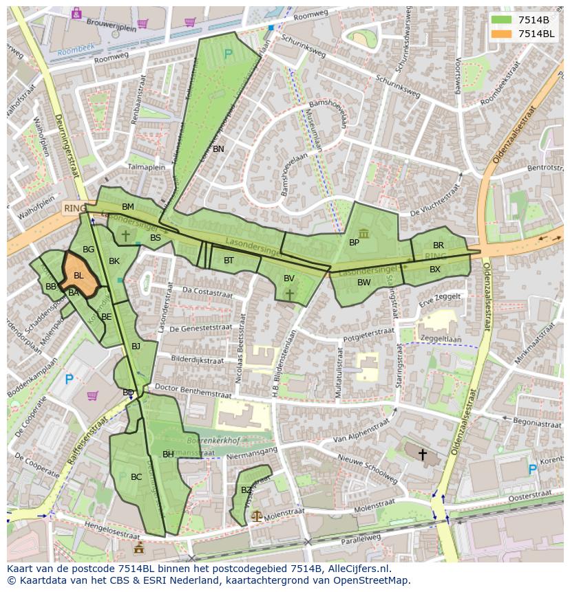 Afbeelding van het postcodegebied 7514 BL op de kaart.