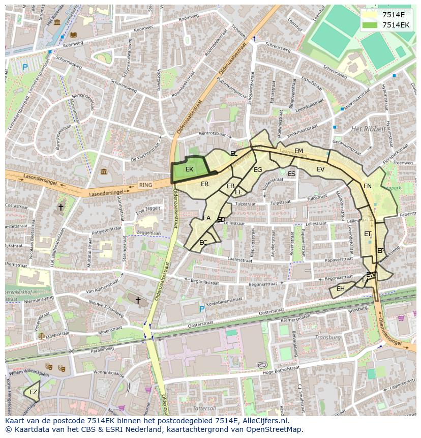 Afbeelding van het postcodegebied 7514 EK op de kaart.