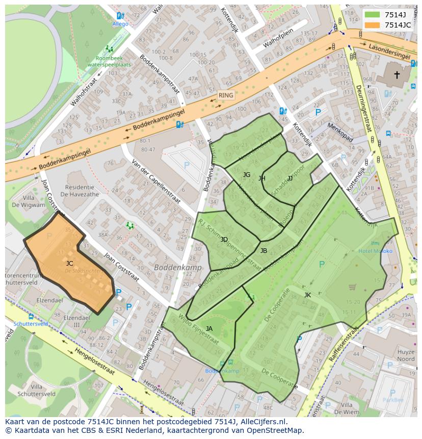 Afbeelding van het postcodegebied 7514 JC op de kaart.