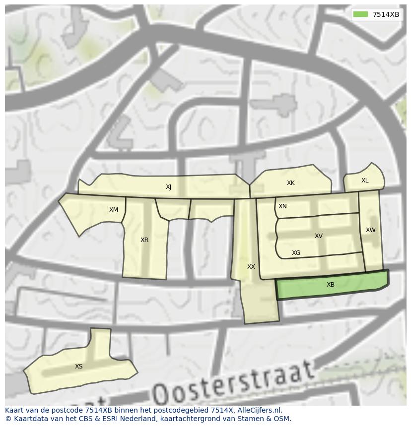 Afbeelding van het postcodegebied 7514 XB op de kaart.
