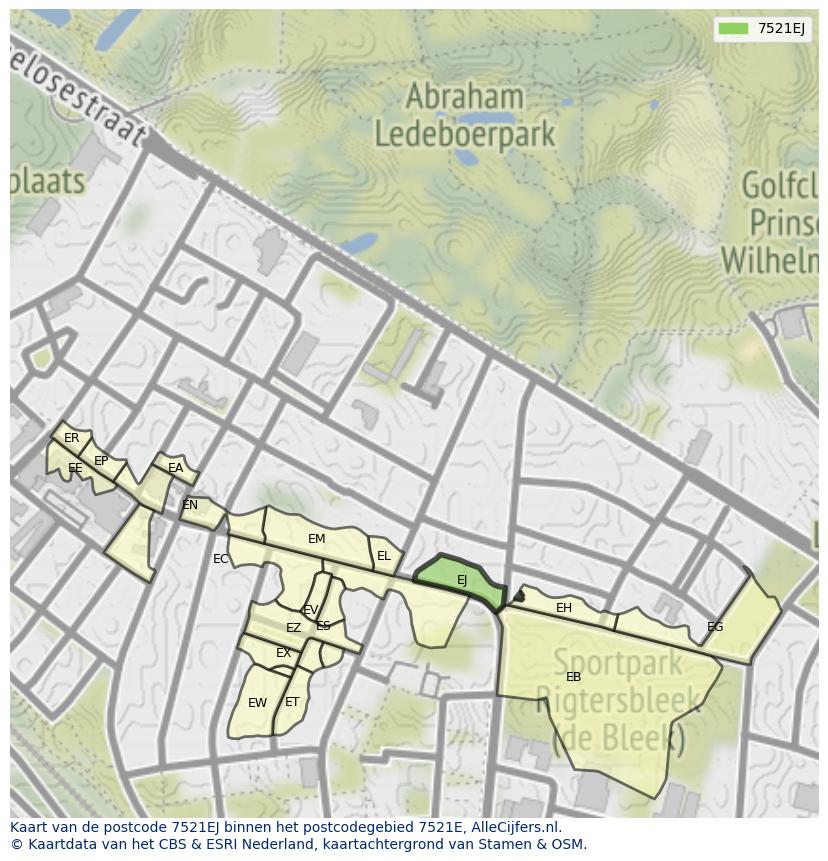 Afbeelding van het postcodegebied 7521 EJ op de kaart.